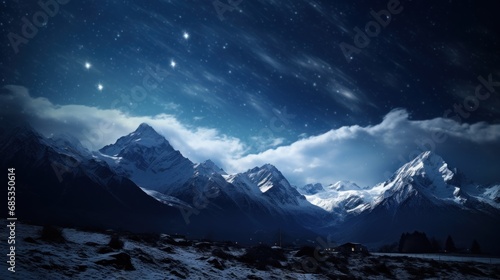  a night scene of a mountain range with stars in the sky and a full moon in the sky above it. © Olga