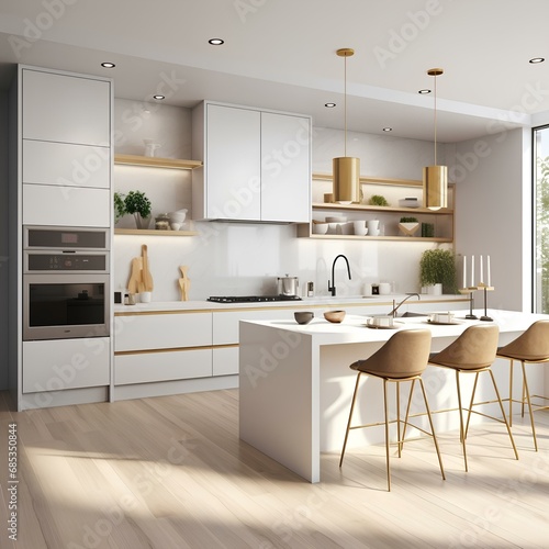 a modern kitchen with white cabinets and gold accents, AI generative