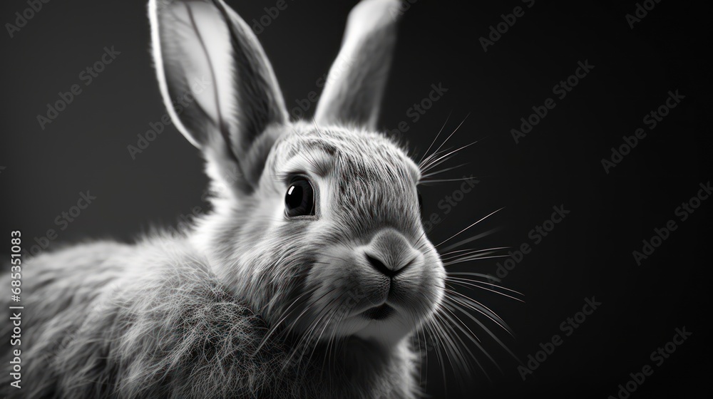  a black and white photo of a rabbit's face with its ears up and eyes wide open, with a black background.