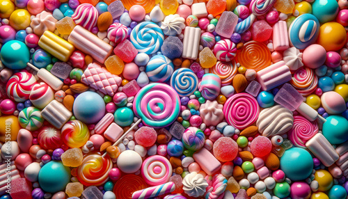 Realistic Different Types Of Candies In 3D, Candies Texture Concept, With Marshmallows, Lollipops, Sugared Almonds, Fruity Candies, Jelly Candies. Colorful Sweet Candies