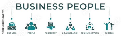 Business people banner website icon vector illustration concept with icons of business, people, agreement, collaboration, communication, and success