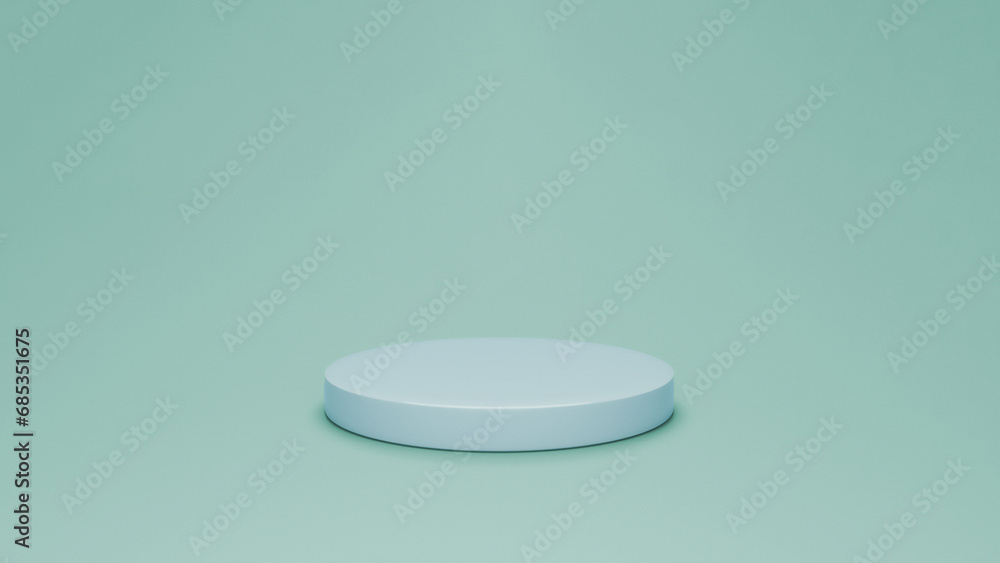 3D rendering of a minimal white podium on pastel green background, simple round display stand for product presentation, clean and modern design concept 3D rendering of a minimal white podium on pastel green background, simple round display stand for product presentation, clean and modern design concept