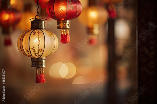 chinese lanterns hanging in the evening with a lamp hanging on the wall Generative AI
