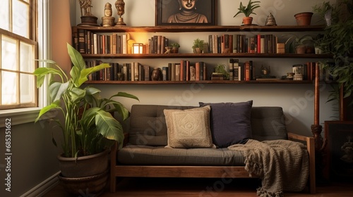 A tranquil reading nook with a vintage Krishna bookshelf filled with devotional literature.