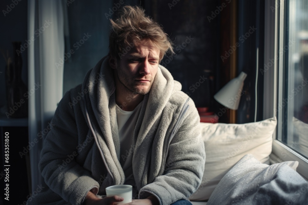 A sick man with a cold looking out the window of his house