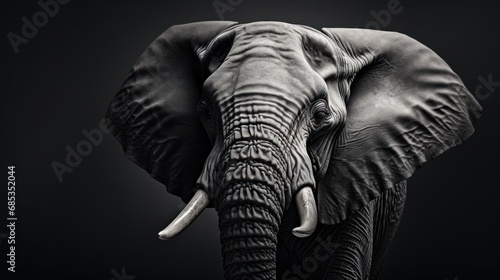  a black and white photo of an elephant with tusks and tusks on it's ears. © Olga