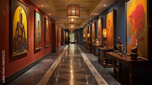 A vibrant hallway with Krishna paintings and brass lamps, evoking a sense of spiritual richness.
