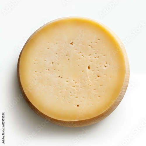 Top view of parmesan cheese wheel, isolated on white background.