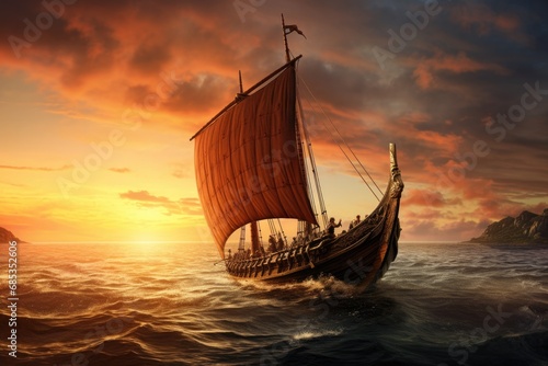 Sailing viking row ships on river. Drakkar, longships. Scandinavian warrior Generative ai