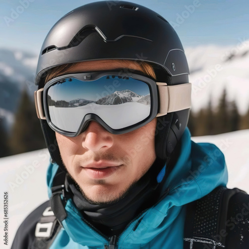 Hombre con ropa de abrigo un casco y unas gafas protectoras en una montaña nevada y en las gafas se refleja el paisaje  photo
