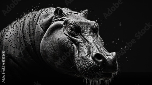  a black and white photo of a hippopotamus's head with water droplets on it's face.