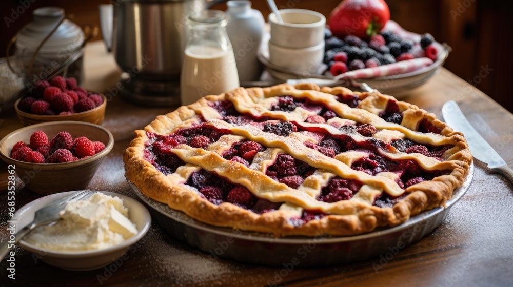 A delectable mixed berry pie rests on a kitchen counter, its lattice crust perfectly browned, surrounded by fresh raspberries and an array of baking utensils. A delectable mixed berry pie rests on a kitchen counter, its lattice crust perfectly browned, surrounded by fresh raspberries and an array of baking utensils.