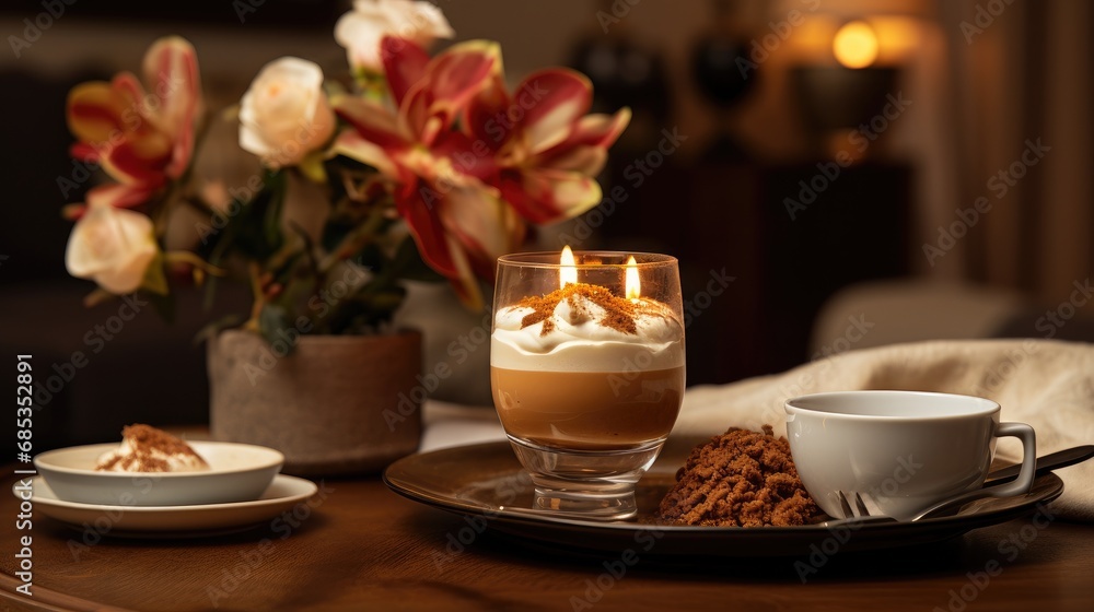 A candlelit coffee dessert in a clear glass, topped with cream and sprinkled with cinnamon, beside a white cup and crumbled biscuits, with flowers adding a romantic touch.