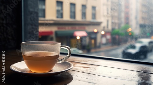 A clear glass cup of tea sits on a wooden table by a window, overlooking a rain-soaked street with blurred city lights and cars, invoking a cozy, urban atmosphere.