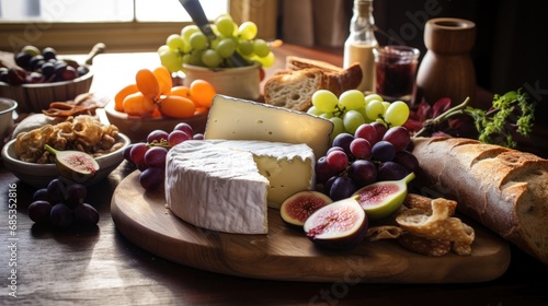 A gourmet cheese board featuring a variety of cheeses, grapes, figs, and bread, artfully arranged on a wooden surface with natural light casting a warm glow.