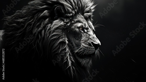  a black and white photo of a lion's face with long manes and an intense look on its face.