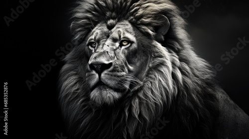  a black and white photo of a lion's face with an intense look to it's left side.
