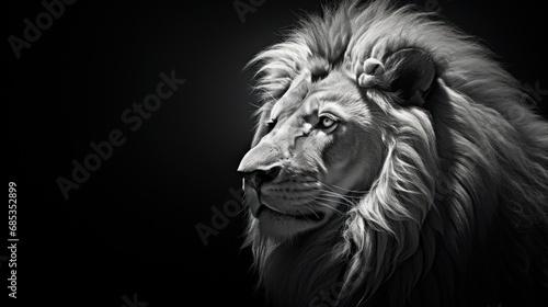 a black and white photo of a lion's head with long manes and a full head of hair. © Olga