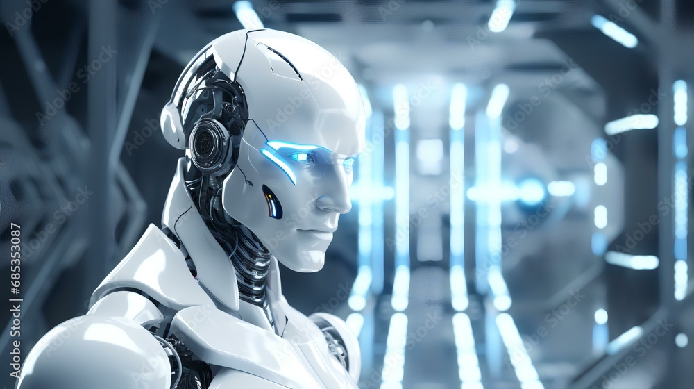 Robot humanoid in futuristic interior 3D rendering. Robot humanoid concept