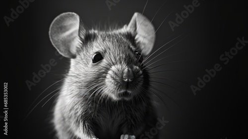  a black and white photo of a rat looking at the camera with a serious look on it's face.