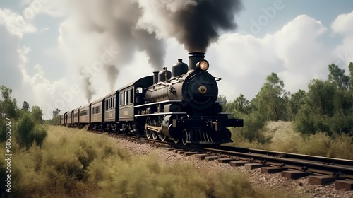 Vintage steam train with smoke in the sky. 3d rendering