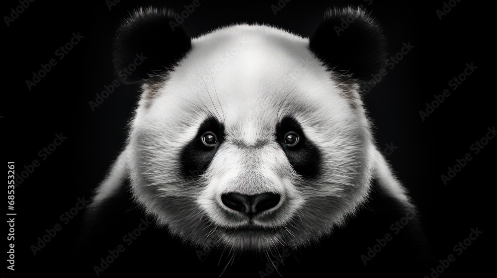 Obraz premium a black and white photo of a panda bear's face with a sad look on it's face.
