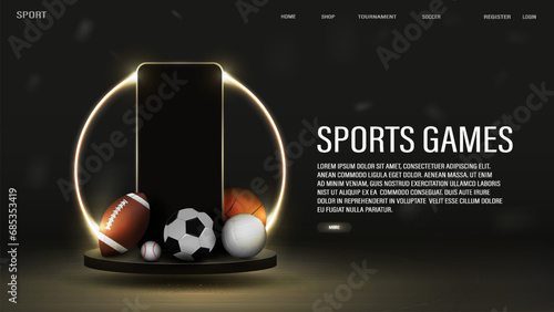 Web banner with 3d balls for football, soccer, basketball, baseball and volleyball on the podium with a neon frame in black and gold. A concept for sports betting.
