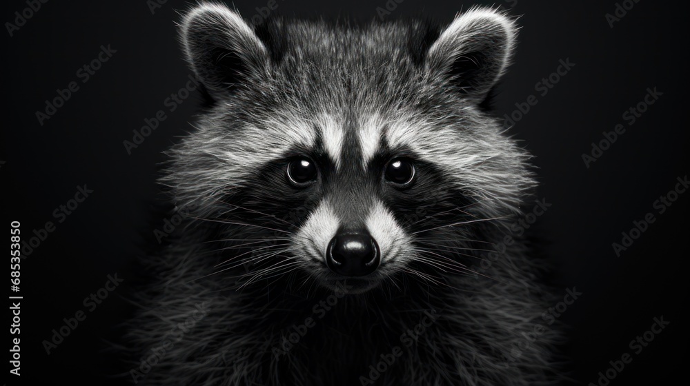  a black and white photo of a raccoon looking at the camera with a sad look on its face.