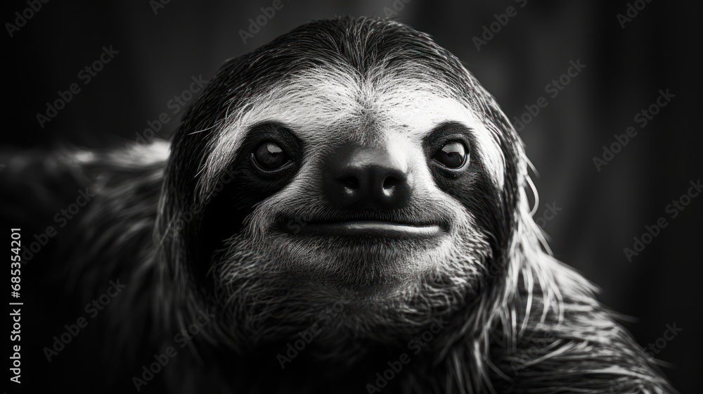 Fototapeta premium a black and white photo of a sloth looking at the camera with a sad look on its face and eyes.