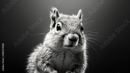  a black and white photo of a squirrel looking at the camera with a surprised look on its face, with a black background.