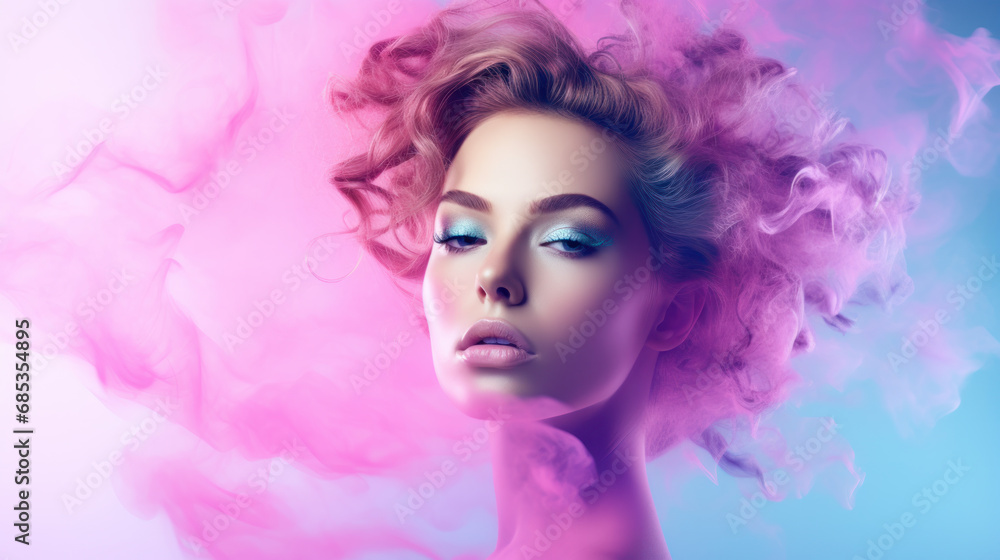 Fashion art portrait of beauty model woman in bright lights with colorful smoke. Smoking girl, Close up of a female inhaling from an electronic cigarette. Night life concept.