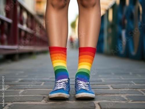 A person standing on a sidewalk wearing colorful socks.