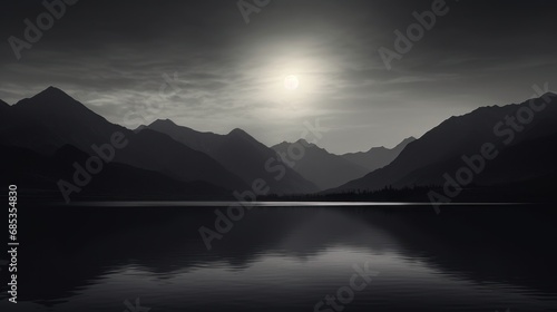  a black and white photo of a mountain range with a lake in the foreground and a full moon in the background.
