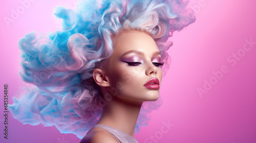 Fashion art portrait of beauty model woman in bright lights with colorful smoke. Smoking girl, Close up of a female inhaling from an electronic cigarette. Night life concept.