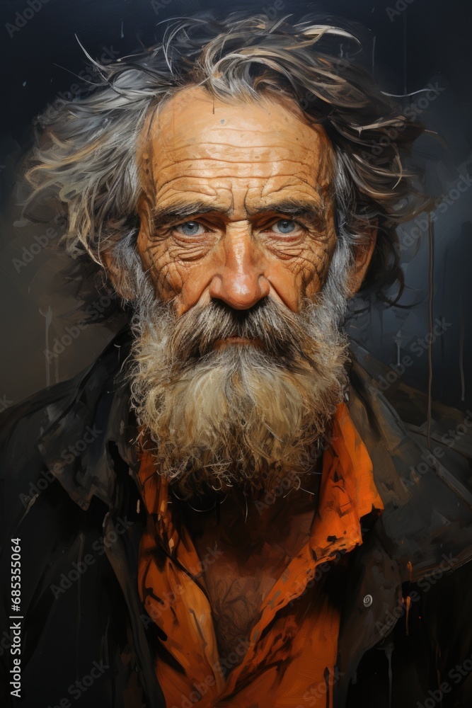 A painting of a man with long hair and a beard. Illustration of an old person.