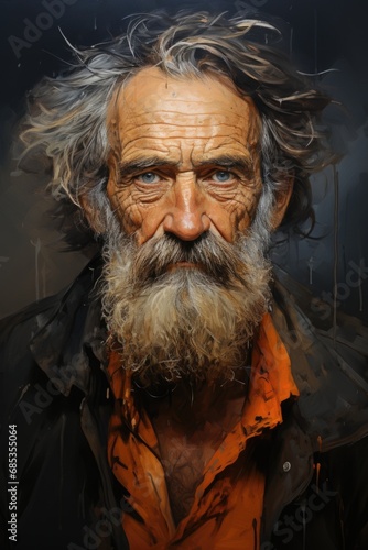 A painting of a man with long hair and a beard. Illustration of an old person.