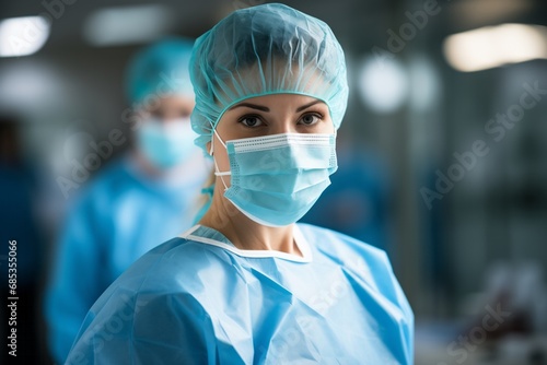 Portrait of a beautiful young nurse or doctor wearing a surgical mask
