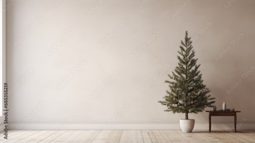 a small christmas tree in a room with a white wall and a wooden table with a small candle on it. a small christmas tree in a room with a white wall and a wooden table with a small candle on it.