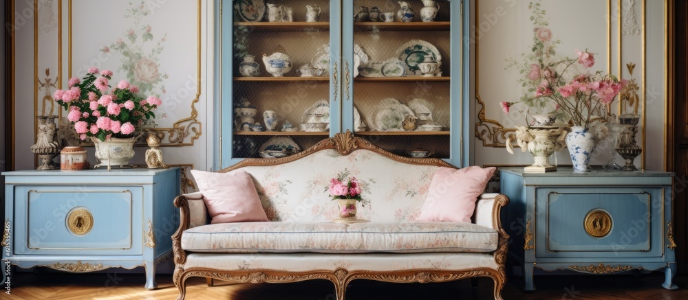 Naklejka premium Antique cabinet with porcelain decorations, rose paintings, and blue sofa in real living room photo