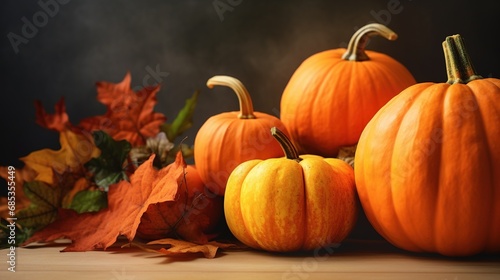 Thanksgiving orange pumpkins and autumn leaves on wooden table. Autumn background banner with falling leaves.