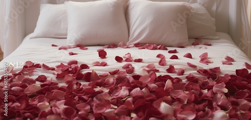 a symmetrical arrangement of red and pink rose petals on a bed, creating a harmonious and romantic composition.