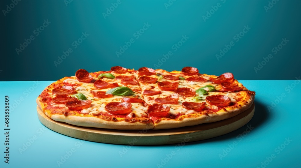a pizza sitting on top of a wooden platter on top of a blue table next to a blue wall. a pizza sitting on top of a wooden platter on top of a blue table next to a blue wall.