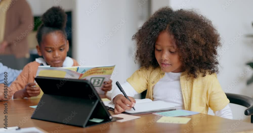 Writing, children or video call on tablet for elearning or studying for support, help or remote education. Child development, teaching or kid working on book in virtual or online class for homework Writing, children or video call on tablet for elearning or studying for support, help or remote education. Child development, teaching or kid working on book in virtual or online class for homework
