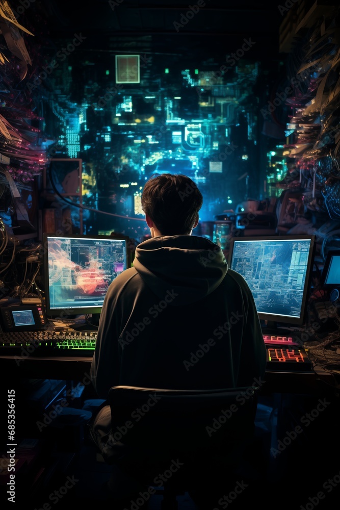 Obraz premium Side view of concentrated programmer in eyeglasses working on computer in dark office