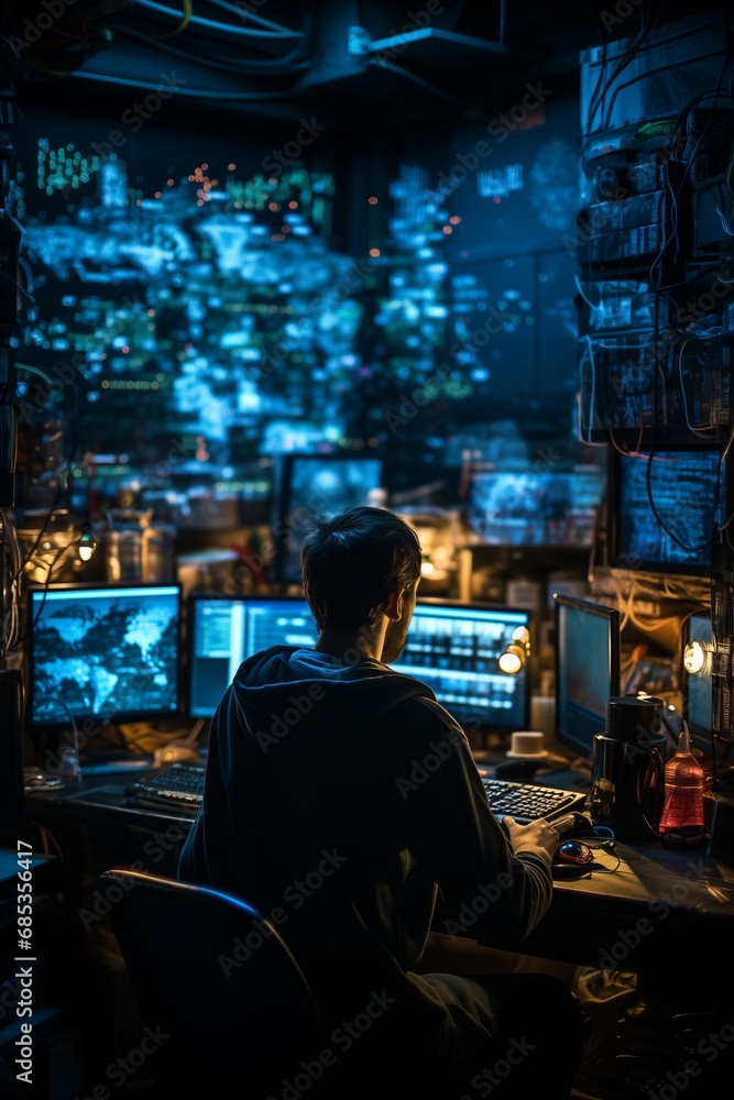 Side view of concentrated programmer in eyeglasses working on computer in dark office Side view of concentrated programmer in eyeglasses working on computer in dark office