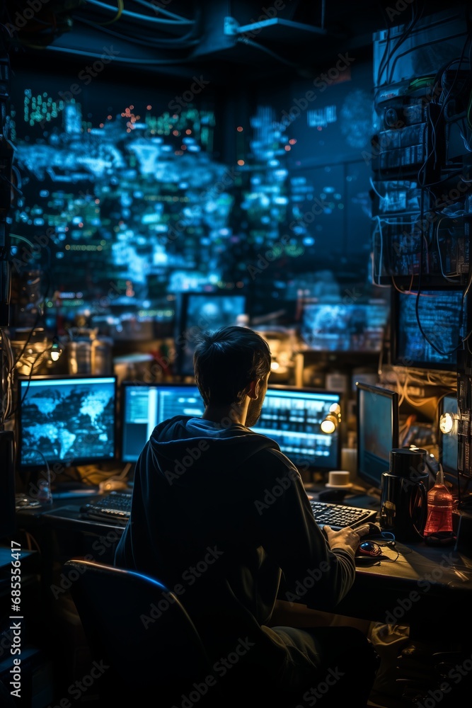 Side view of concentrated programmer in eyeglasses working on computer in dark office