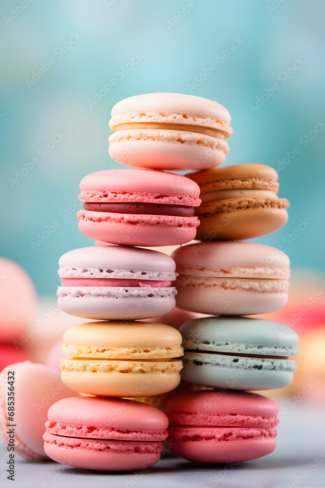 Macaroons close-up. A pyramid of cakes. A pile of cookies. Delicate pink and blue colors, delicious dessert. Macaroons close-up. A pyramid of cakes. A pile of cookies. Delicate pink and blue colors, delicious dessert.