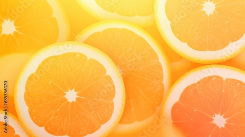  a close up of a bunch of oranges cut in half with water droplets on the top of the slices.