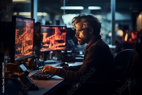 Side view of concentrated programmer in eyeglasses working on computer in dark office