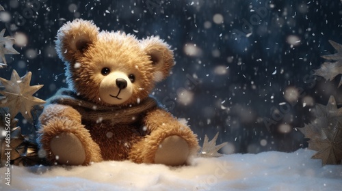  a brown teddy bear sitting on top of a pile of snow next to a christmas tree with snowflakes. © Olga